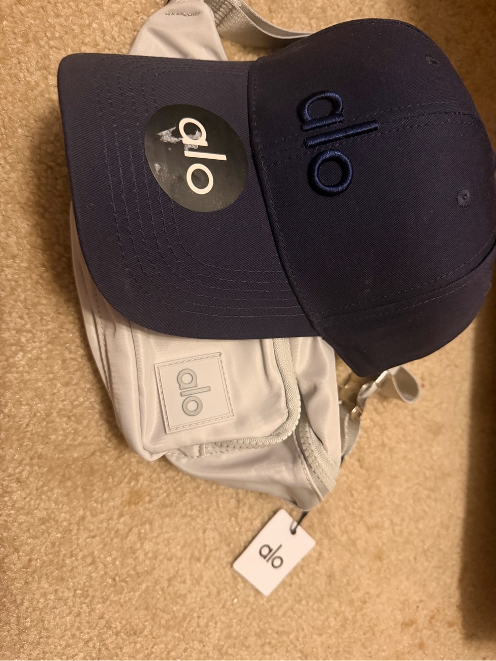 Alo Yoga Navy Logo Baseball Cap + Light Gray Crossbody Belt Bag Bundle